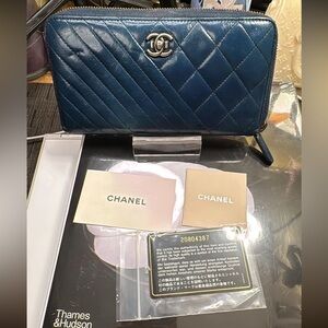 CHANEL Classic Lambskin Quilted Small Coco Boy Zip Around Wallet - Dark Teal